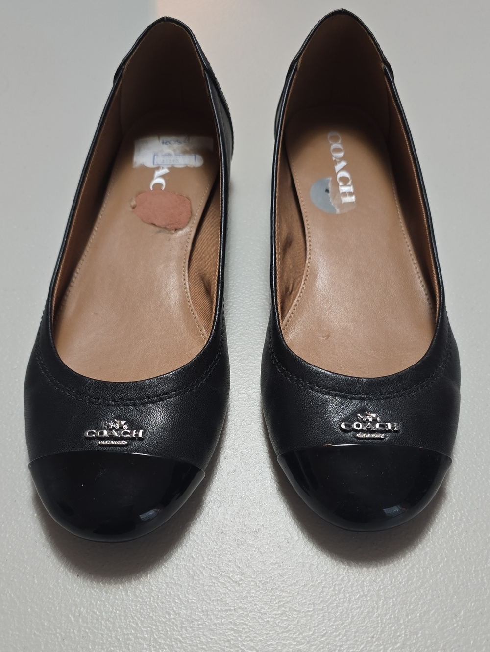 Coach Black Leather Cap-Toe Ballet Flats with Logo